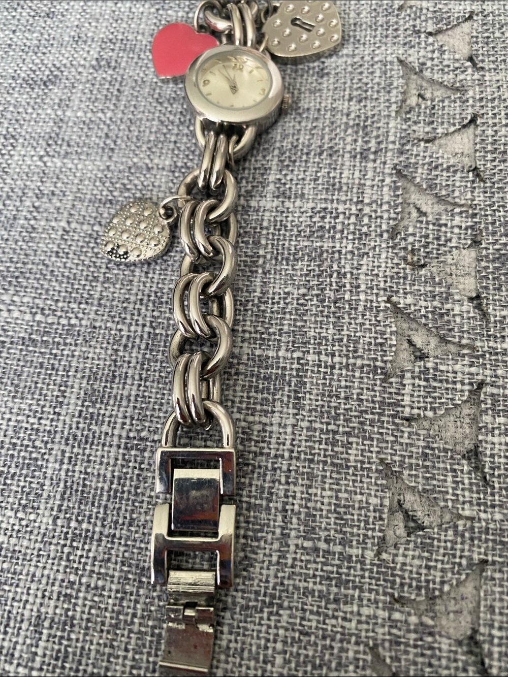 Anne Klein Silver-Tone Charm Bracelet Watch with Pink Heart - Picture 3 of 9